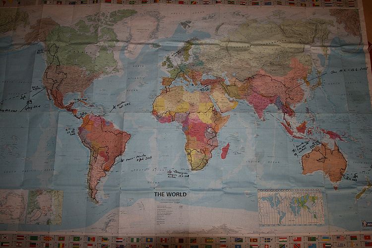 Weltkarte mit der Reiseroute von 01/2003 bis 09/2008